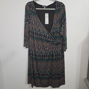 B#67 NY Collection 2X Wrap V Neck Geo Print Midi Dress Black Orange Green Purple